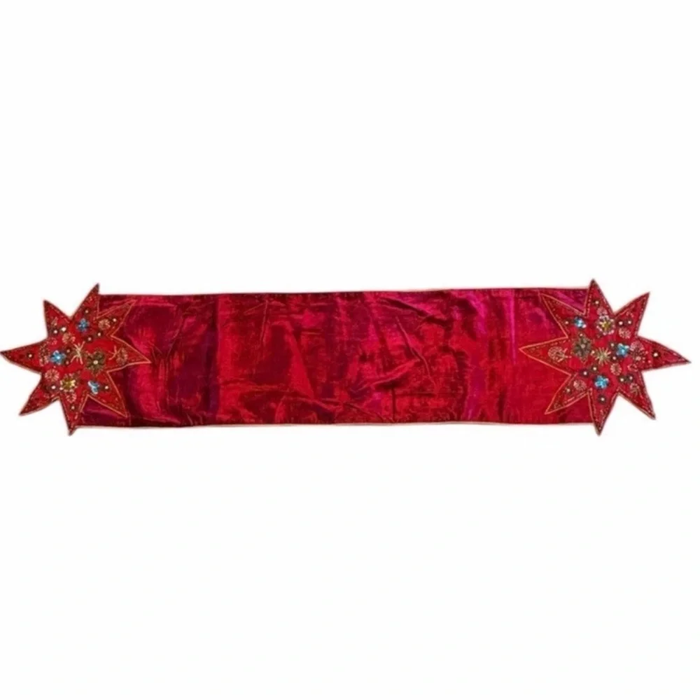 Pier 1 Christmas Holiday Table Runner Viscose Velvet Jeweled Star Red Beaded